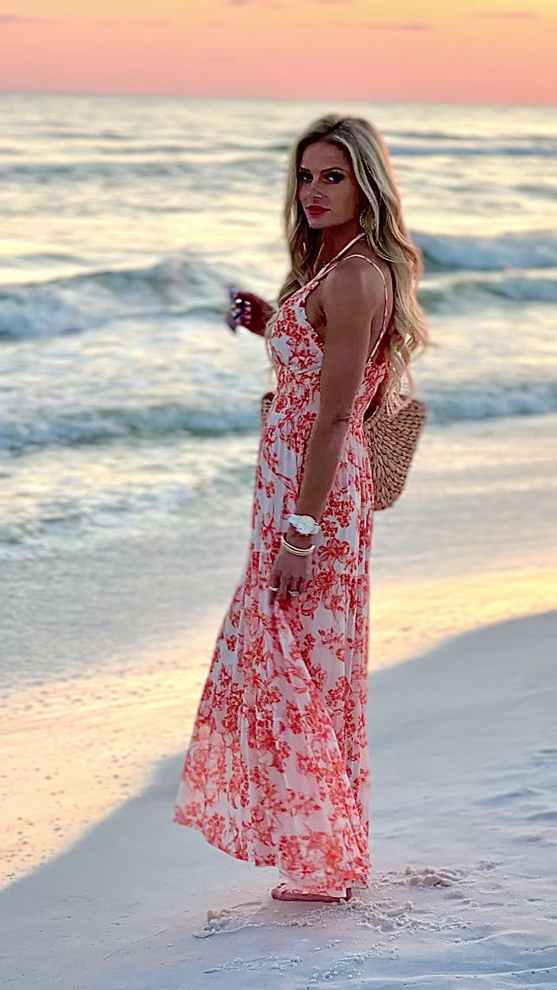 Aeris Printed Mesh Long Tiered Dress : Blush/Orange