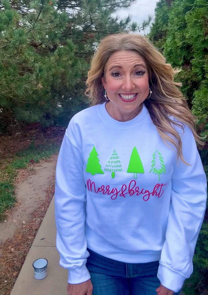 Merry & Bright Puff Trees Sweatshirt : White/Red/Green