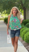 Sweet Moments Bubble Waist Halter Top : Green Floral