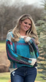 Happy Thoughts Plaid Fuzzy Sweater : Turquoise/Multi