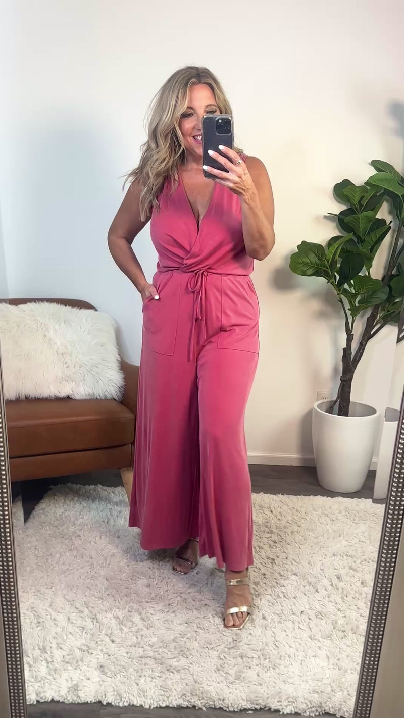 Darah Modal Ribbed Surplice Neck Jumpsuit : Washed Red