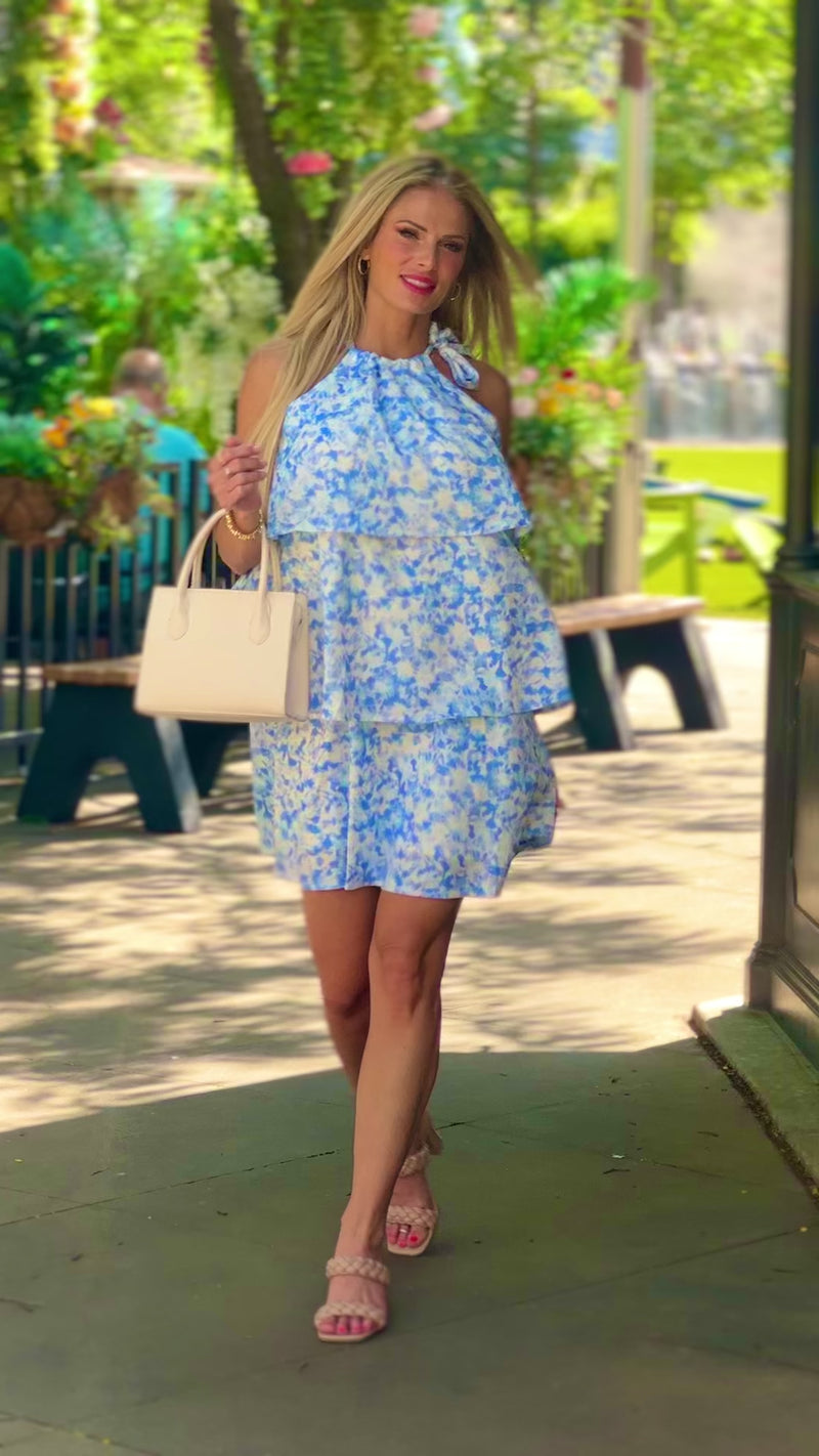 Blair Printed Halter Dress : Blue