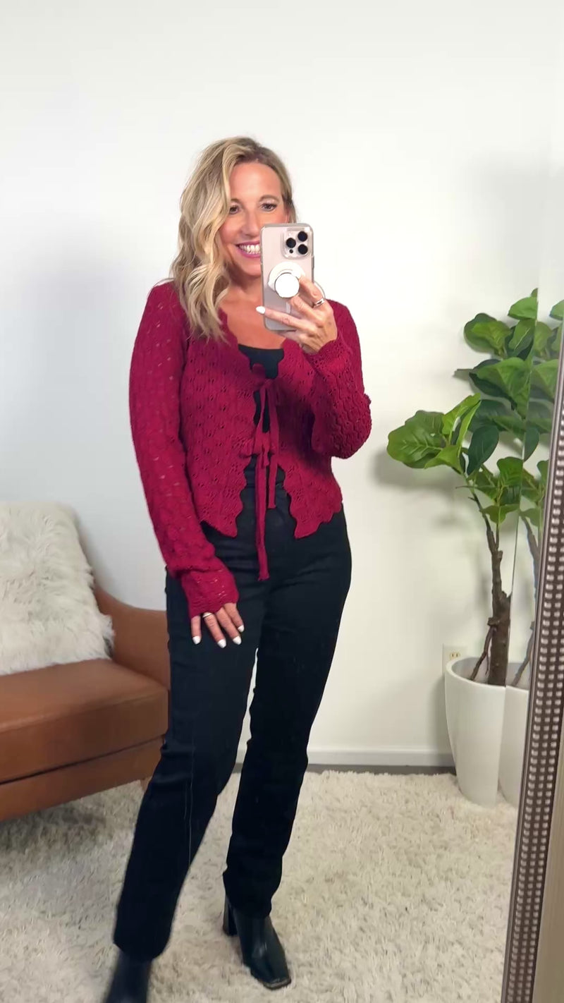 Serina Pointelle Tie Cardigan : Deep Red