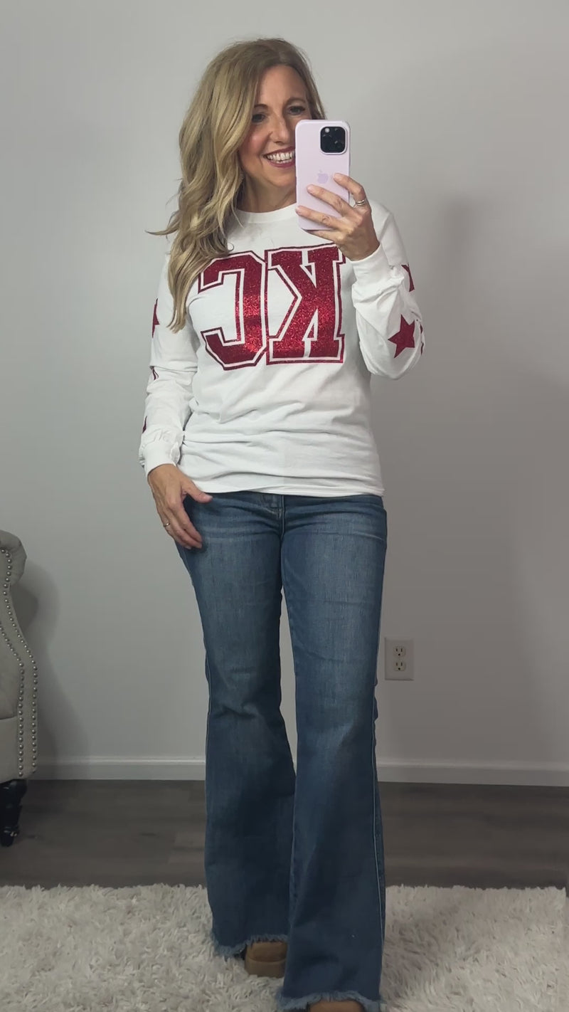 KC Glitter Block Letter Star/Football Sleeve Detail Tee : White/Red