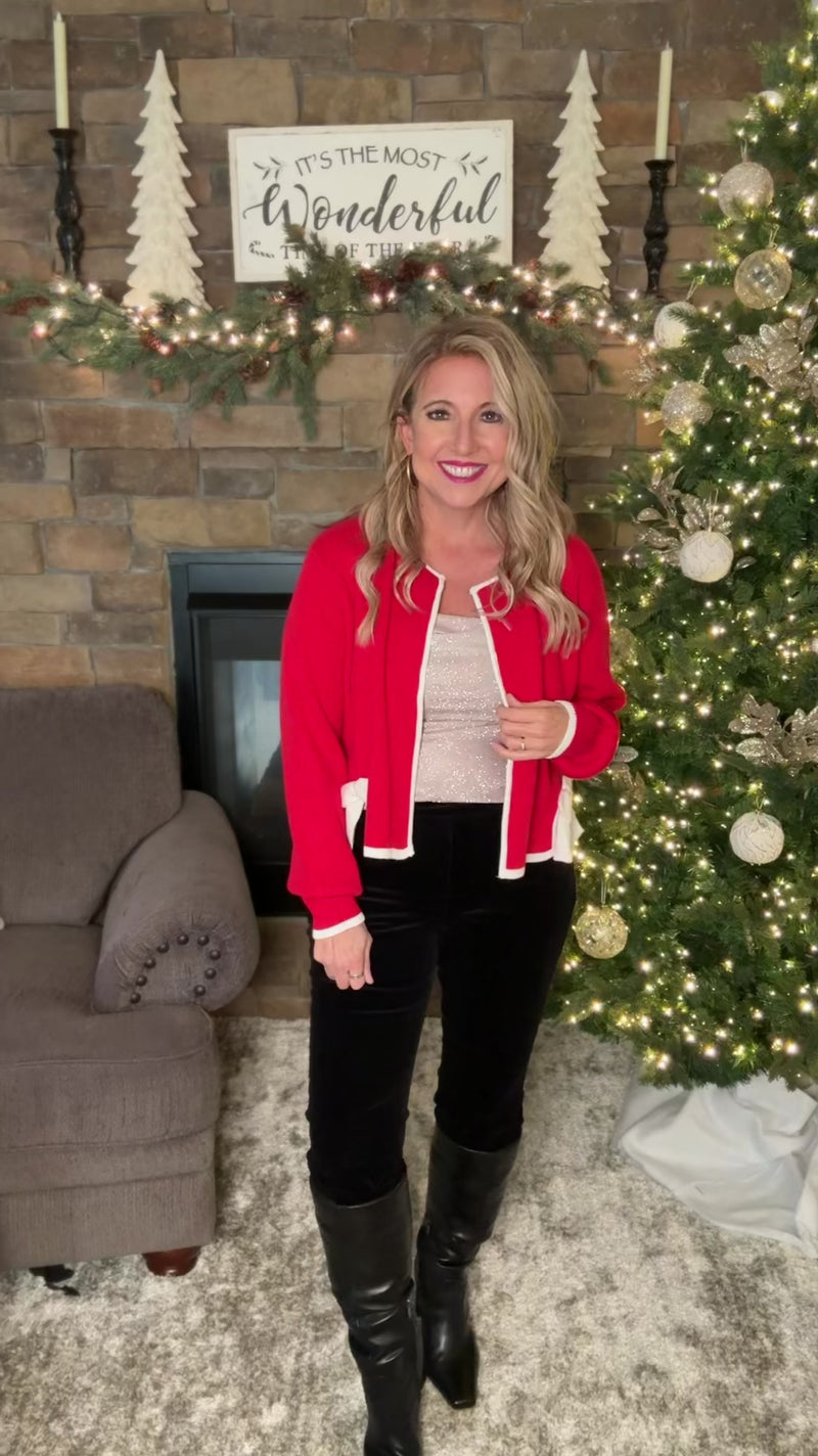 Wrapping Presents Bow Detail Open Cardigan : Red/Cream