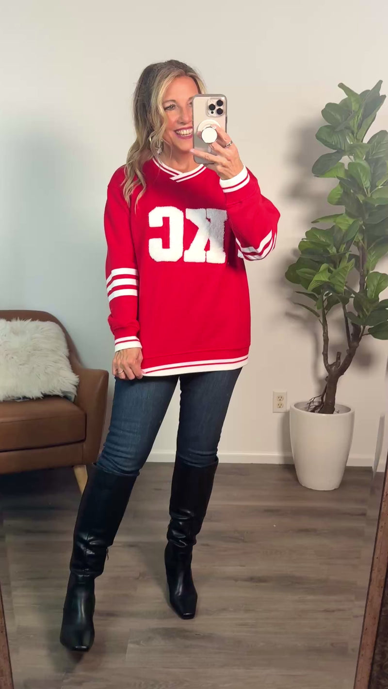 KC Varsity V Neck Pullover : Red