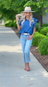 Adorable Days Ruffle Trim Button Down Top : Denim