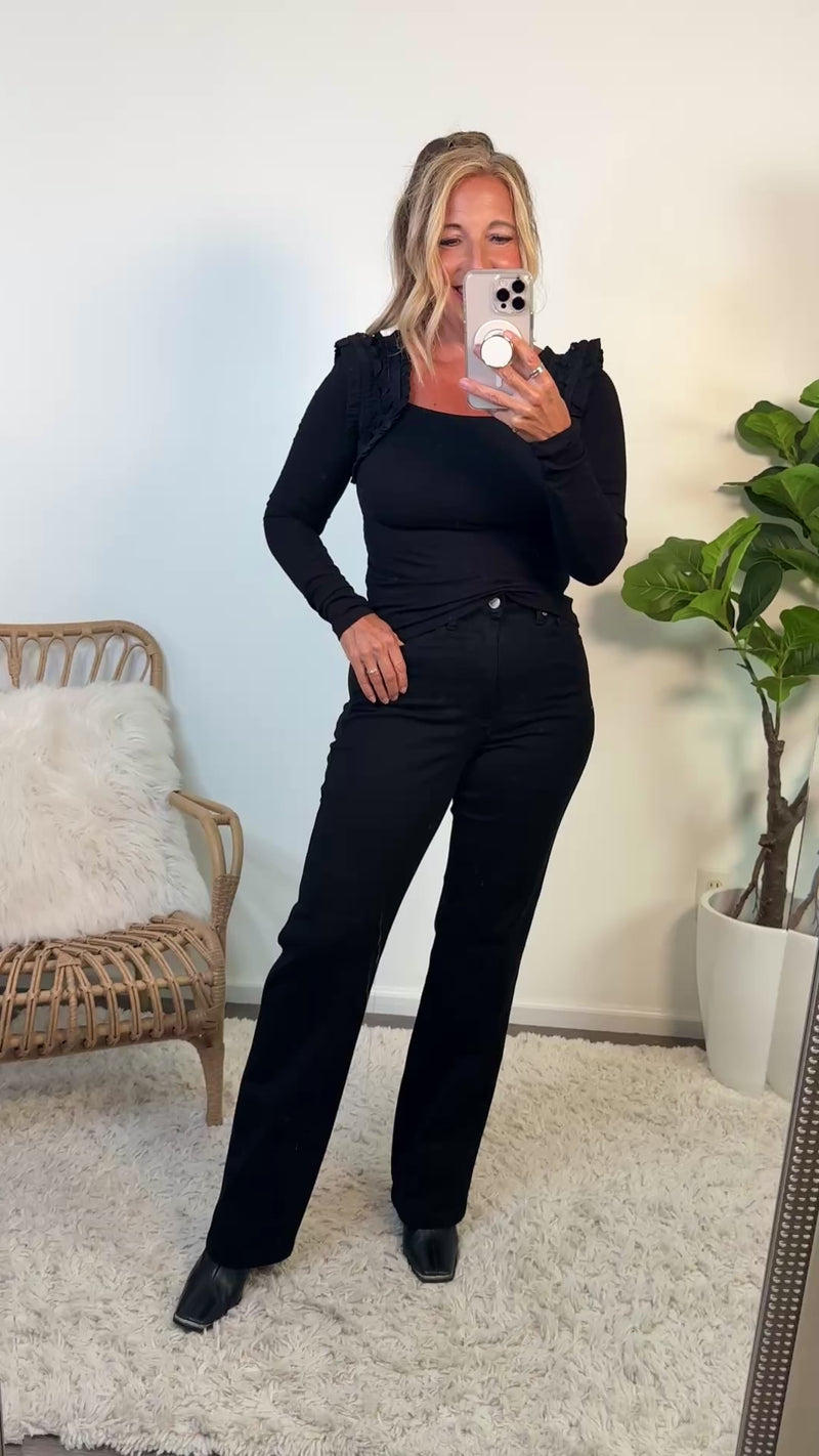 Lark Shoulder Ruffle Accent Knit Top : Black
