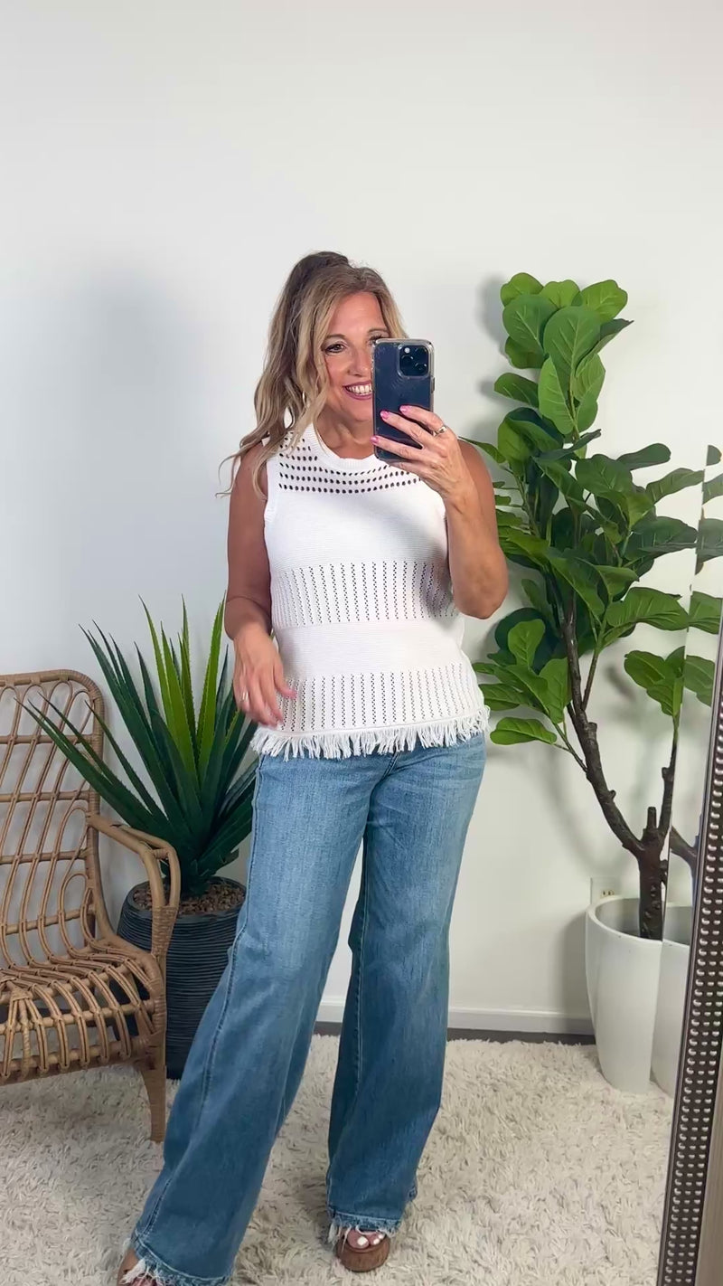 Tribal Mayse Sweater Top w. Hem Fringe : White