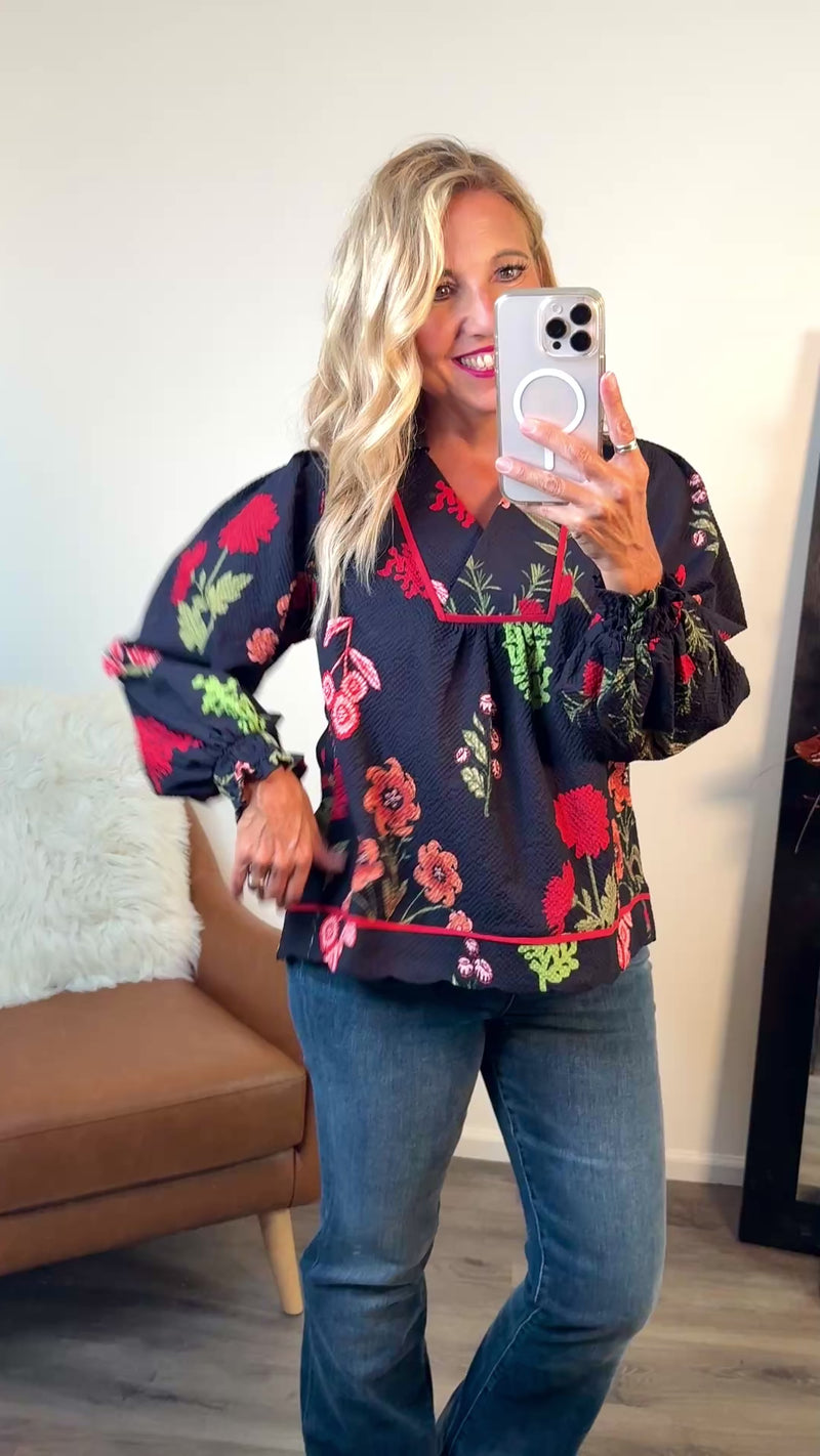 Cerese Flower Print Collared Top : Navy