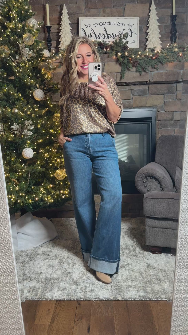 Claudette Puff Sleeve Metallic Animal Print Top : Tan