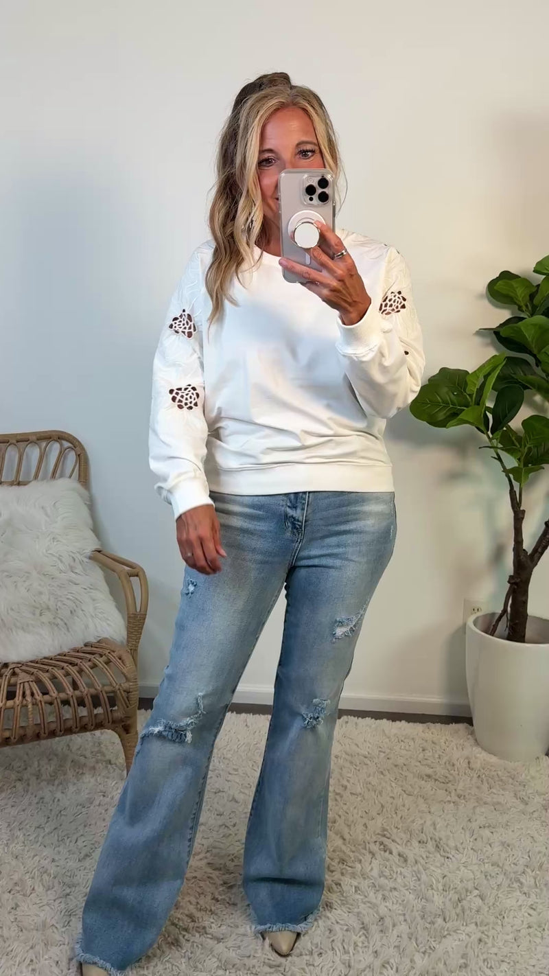 Adela Knit Pullover Embroidery Sleeve: Ivory