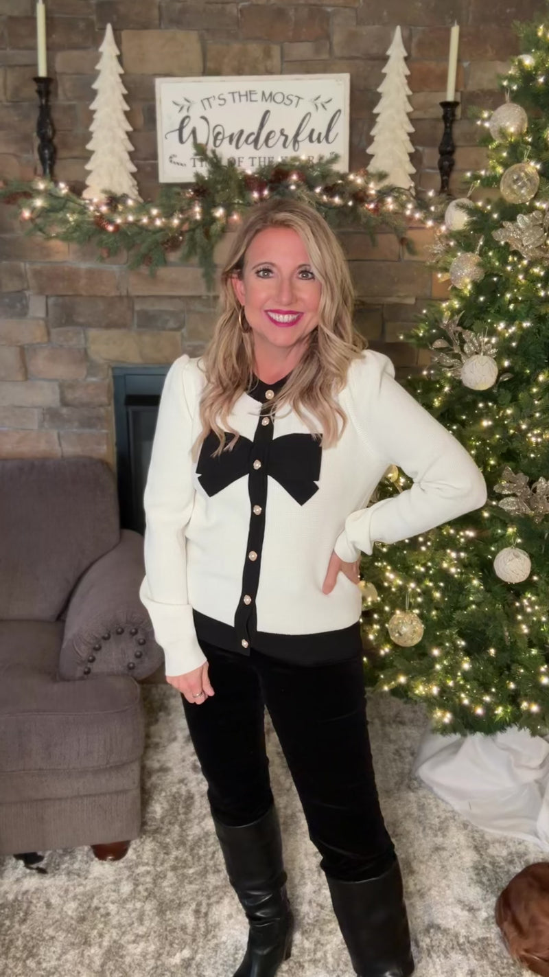 Aldari Bow Detailed Button Up Cardigan : Cream/Black