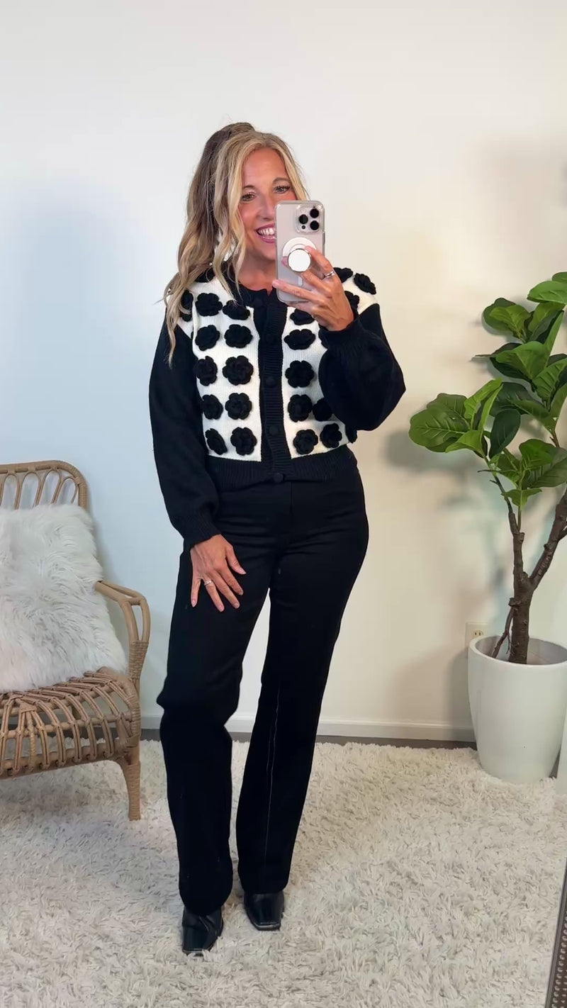 Echo Crochet Flower Button Front Cardigan : Black