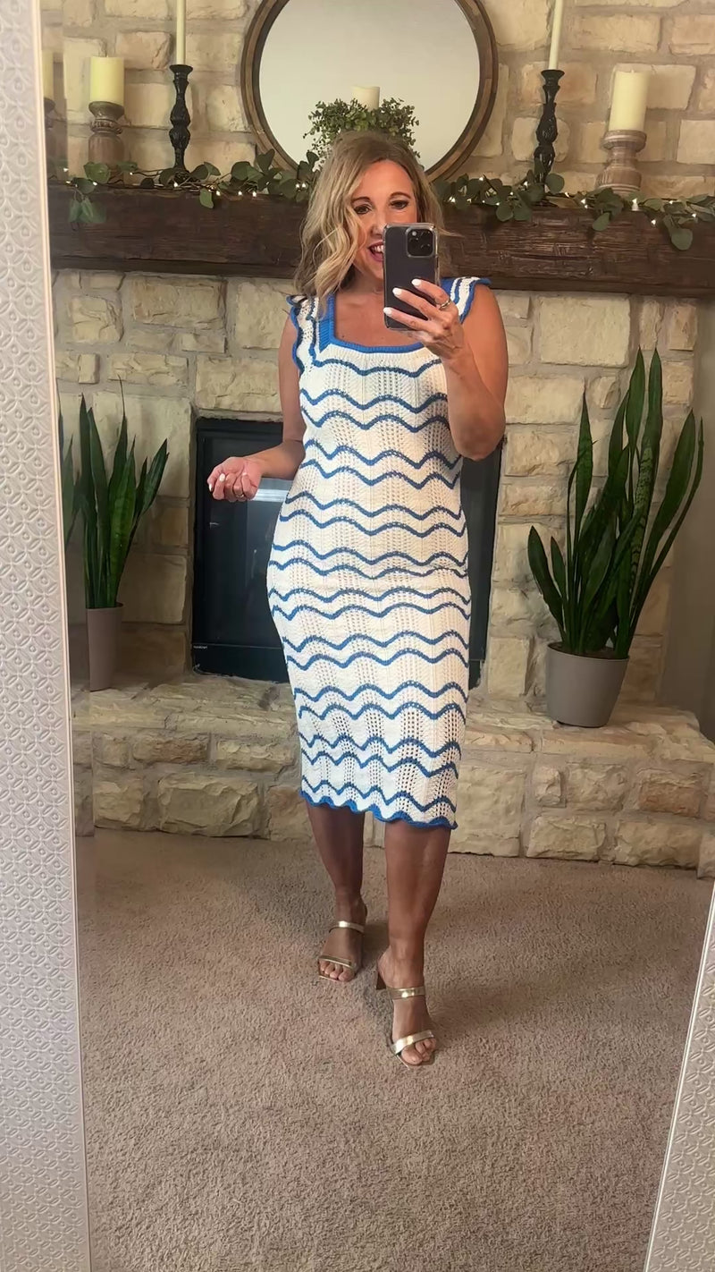 Rupa Scalloped Knit Midi Dress : Ivory Blue