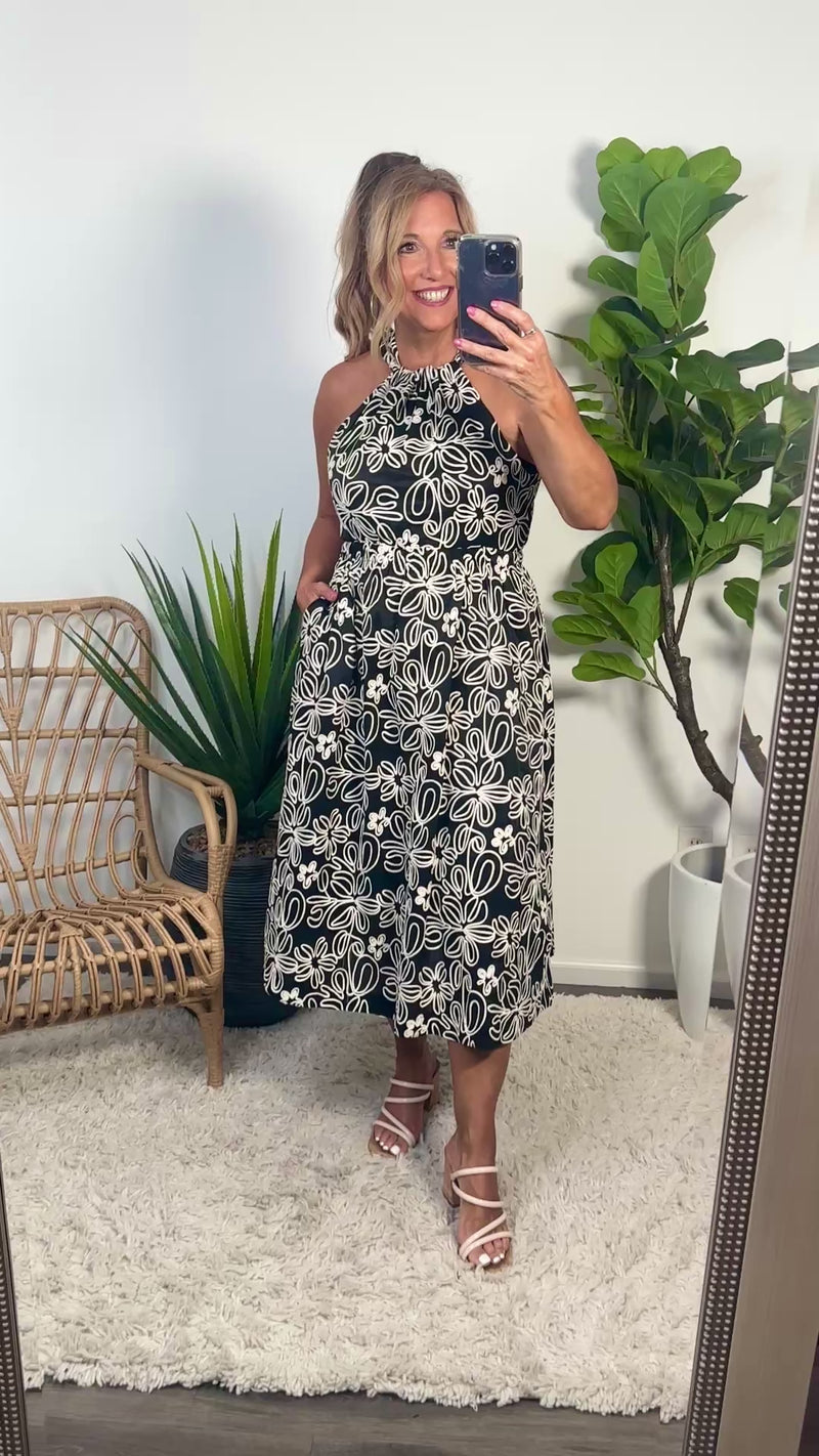 Scotlyn Embroidered Cross Back Midi Dress : Black