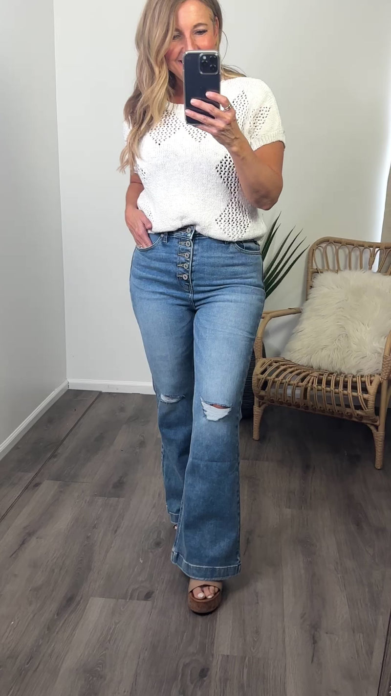 Tamia KanCan High Rise Button Trouser Flare Jeans: Light