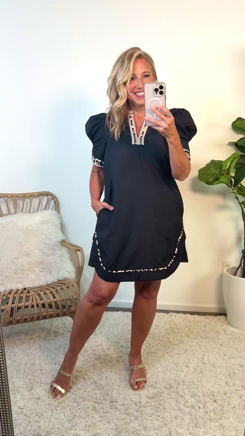 Laylee Leopard Banded Puff Sleeve Dress : Black