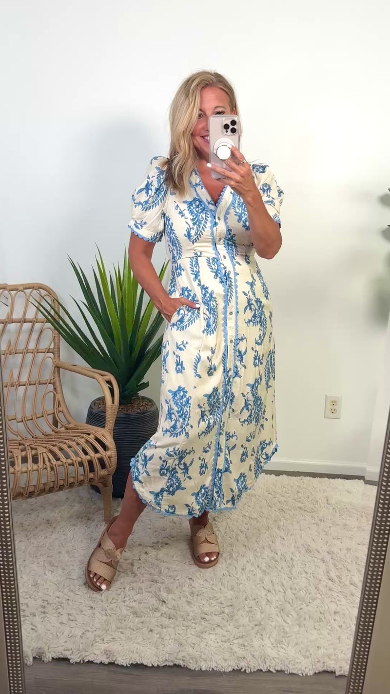 Clarinne Patterned Linen Feel Dress : Blue