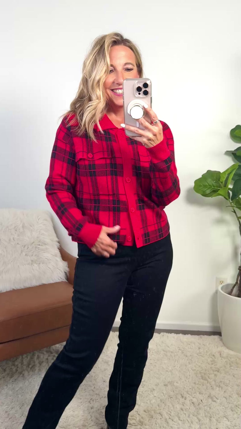 Sawyer Plaid Cardigan : Red