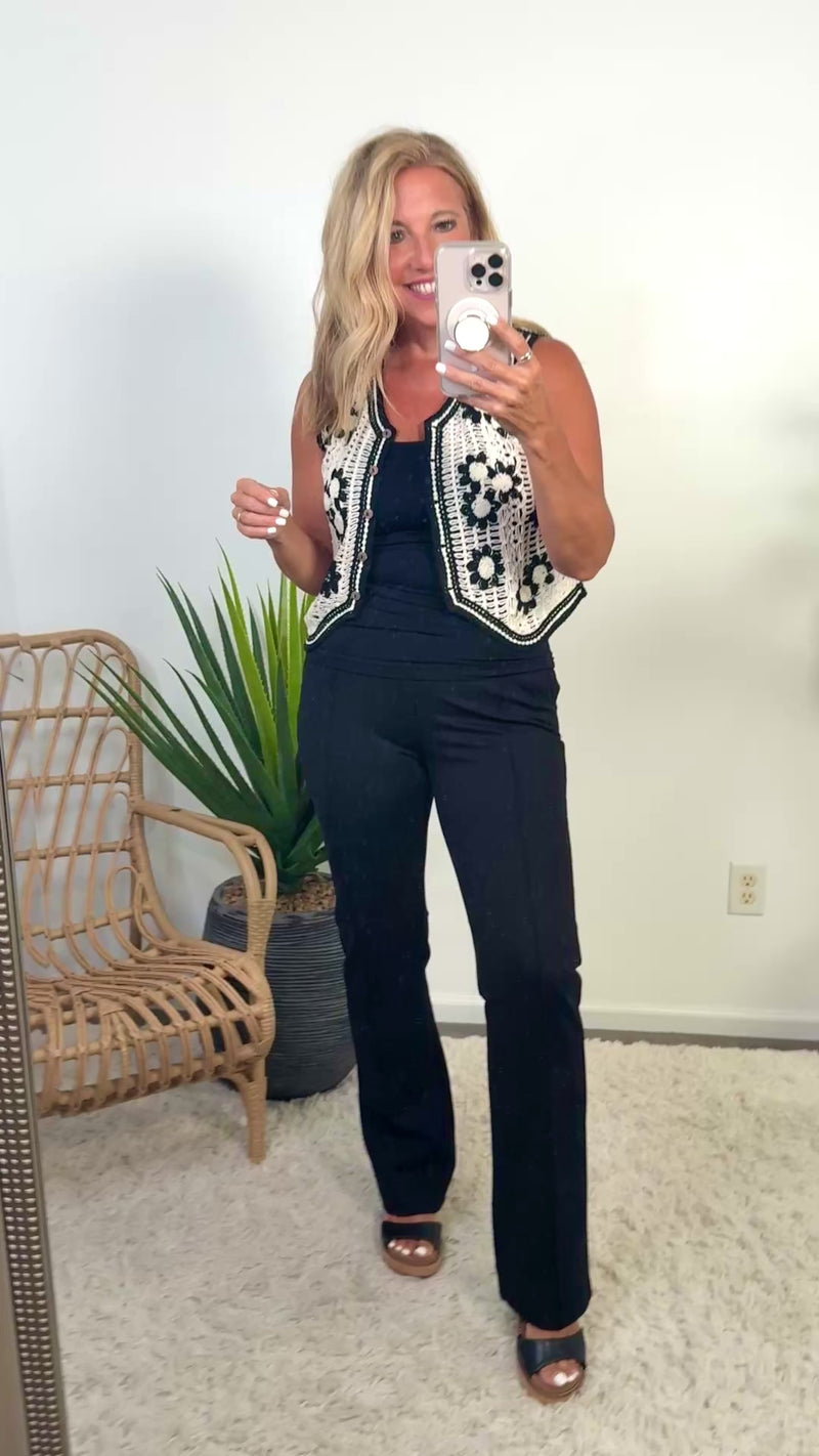 Lettie Floral Embroidered Macrame Vest : Ivory/Black