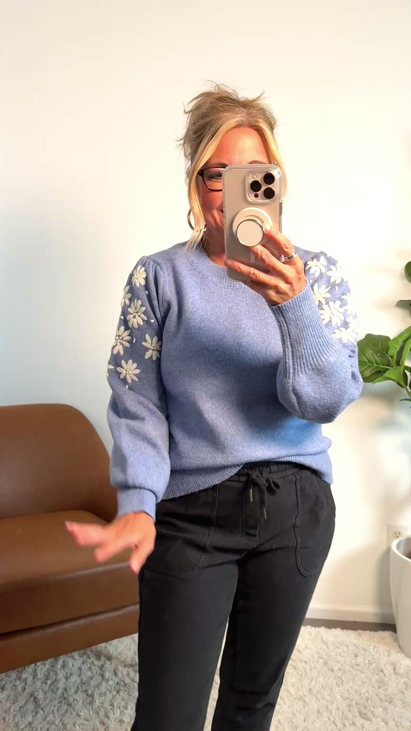 Kendy Embroidered Bubble Sleeve Sweater : Frost Blue