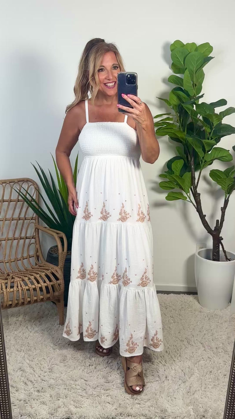 Maysen Smocked Bust Embroidered Tiered Dress : Off White