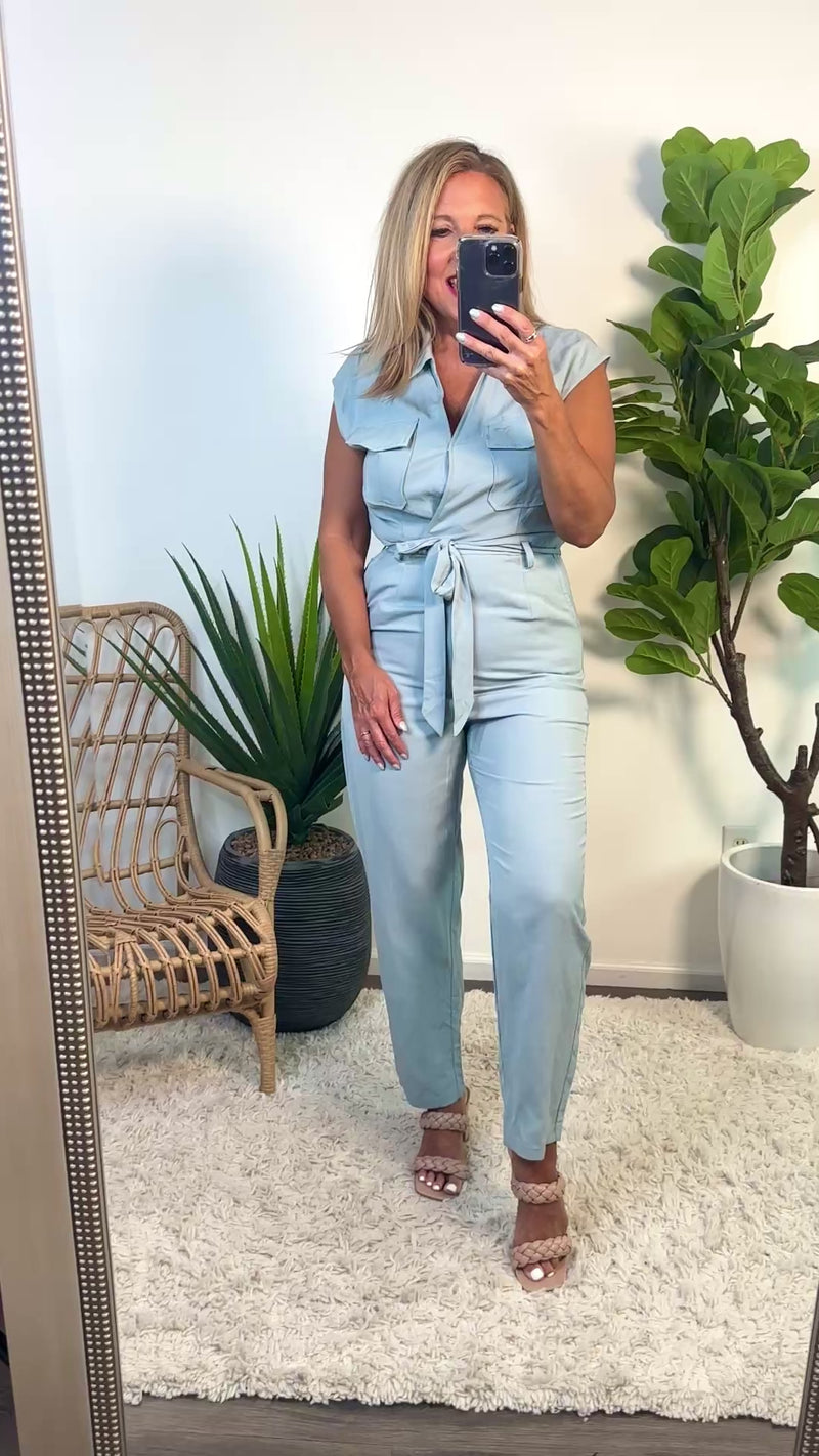 Jordana Surplice Neck Jumpsuit : Soft Blue