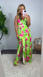 Into The Tropics Double V Neck Maxi Dress : Green/Pink