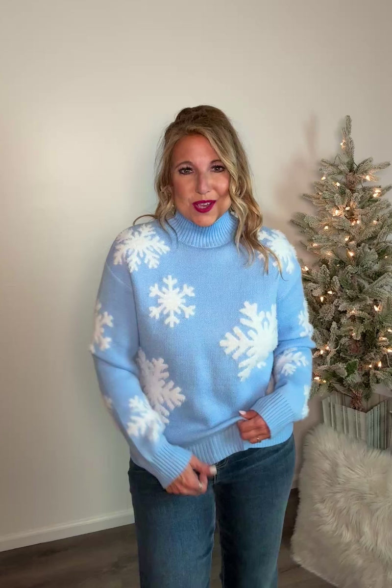 Oleana Mock Neck Snowflake Sweater : Light Blue