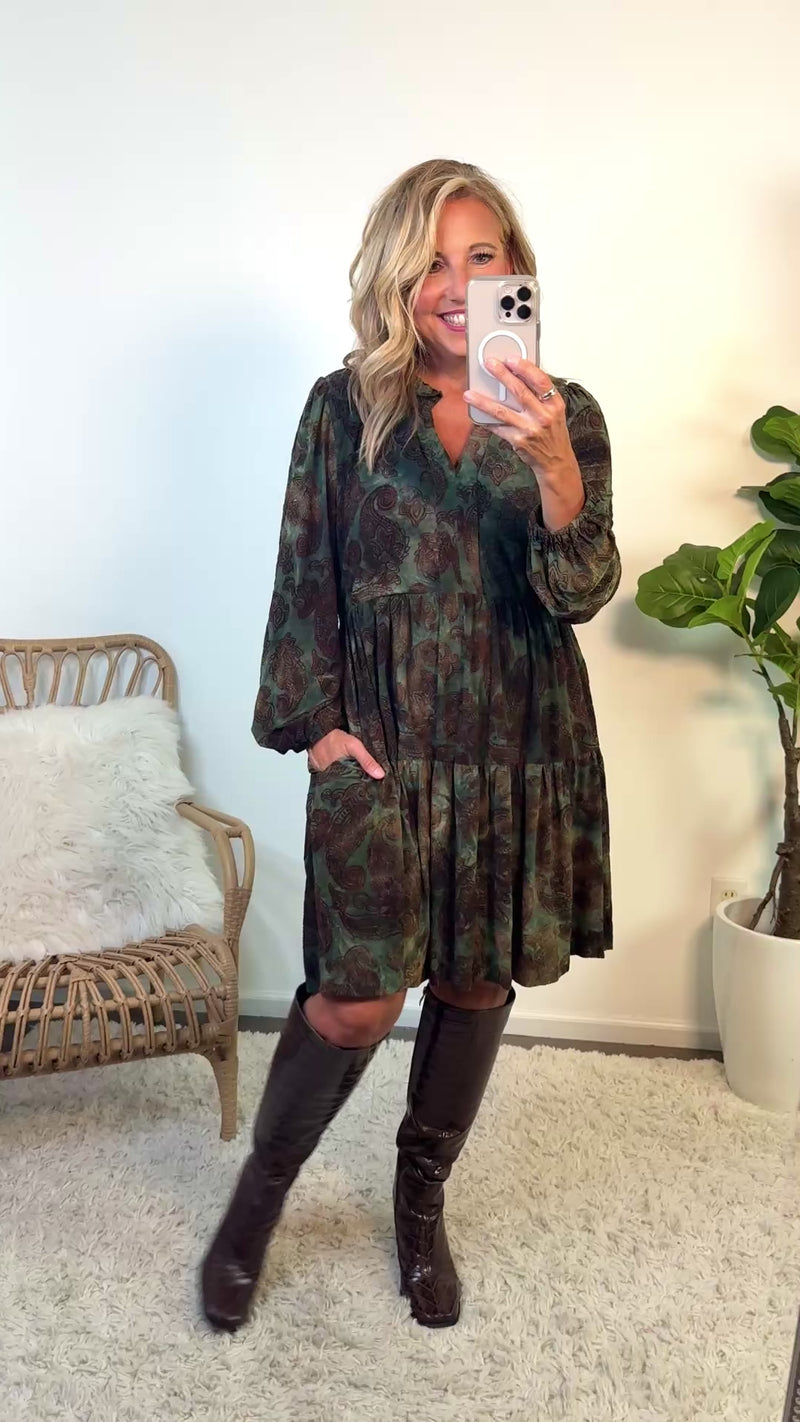 Knoxlee V neck Printed Dress : Olive
