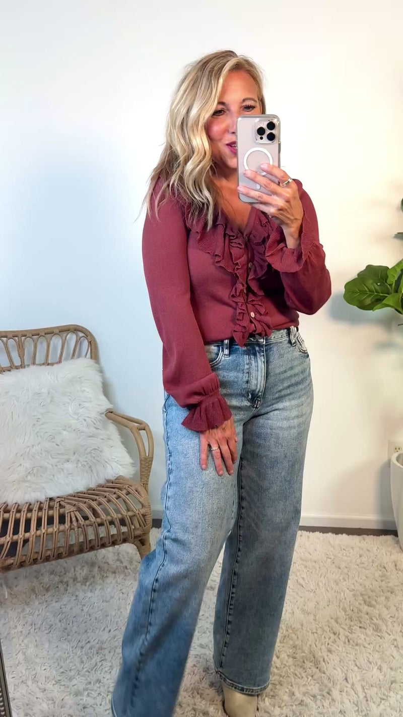 Kirrily Ruffle Contrast Fine Gauge Top : Rust Maroon