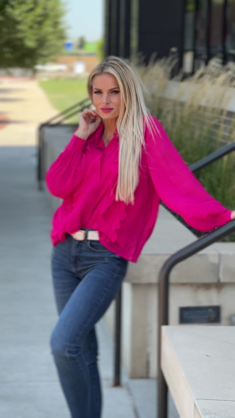 Sabrina Ruffle Button Down Shirt : Fuchsia
