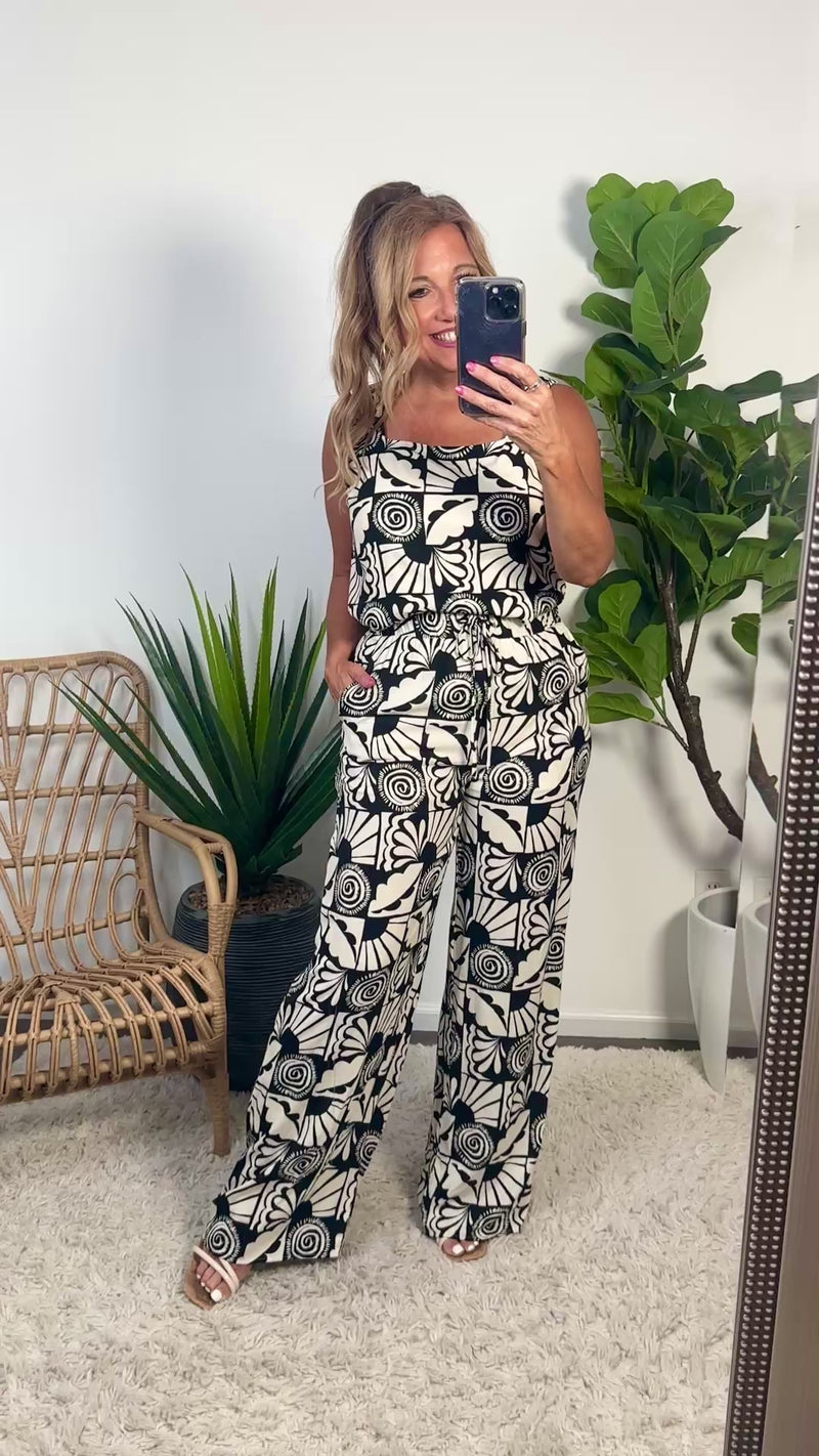 Saina Square Neck Top and Printed Pants Set : Ivory/Black
