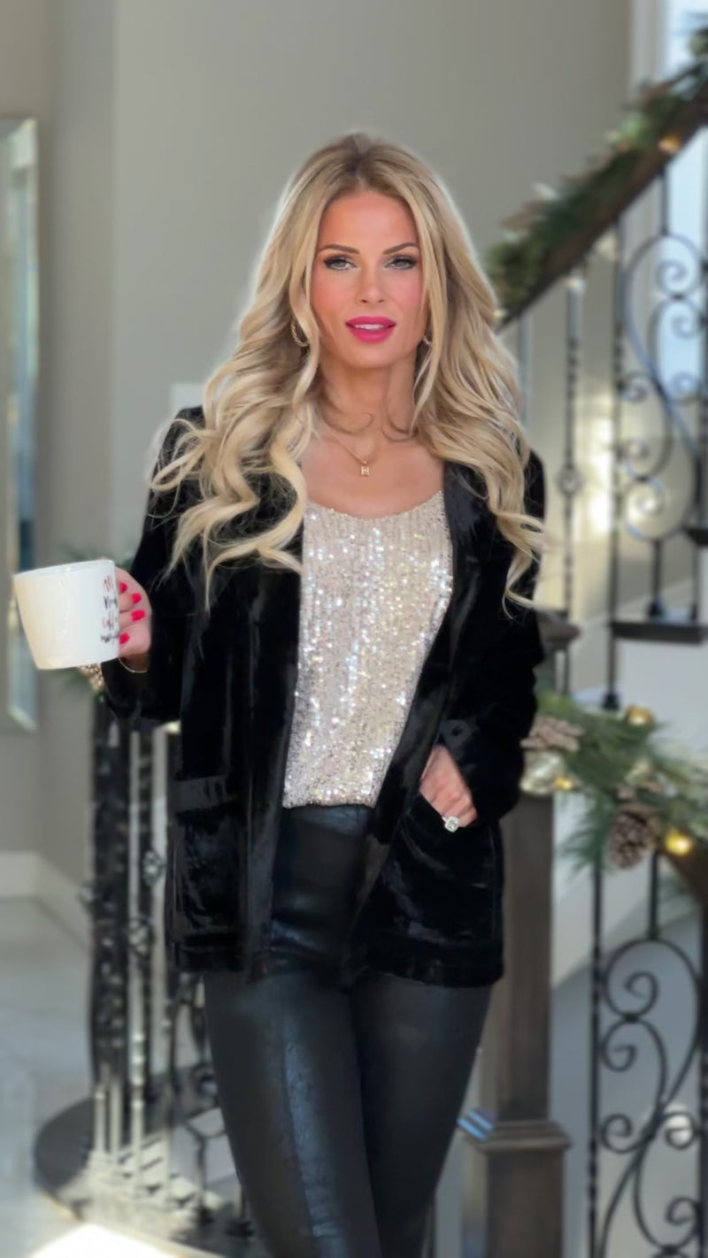 All I Need Velvet Open Front Blazer : Black