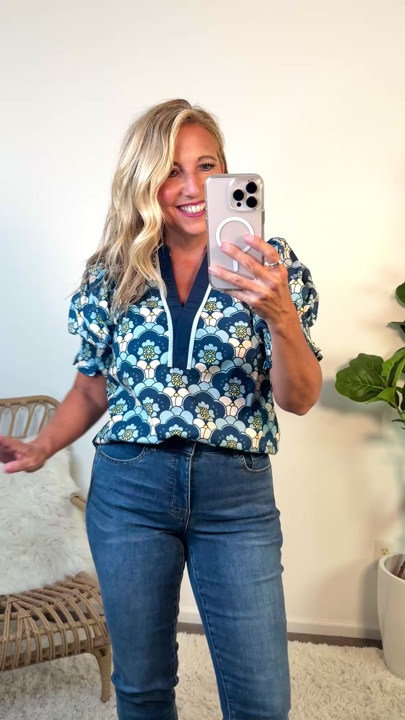 Kylah Bubble Sleeve Printed Blouse : Navy