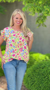 Looking For Peace Ruffle Trimmed Short Sleeve Top : Yellow/Floral