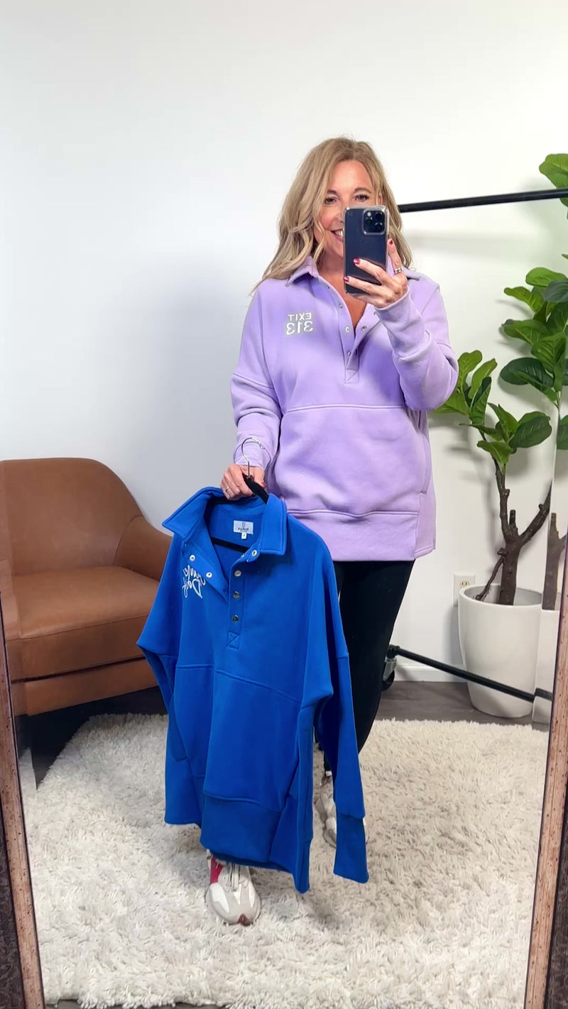 Lula Fleece Embroidered Exit 313 Snap : Lavender