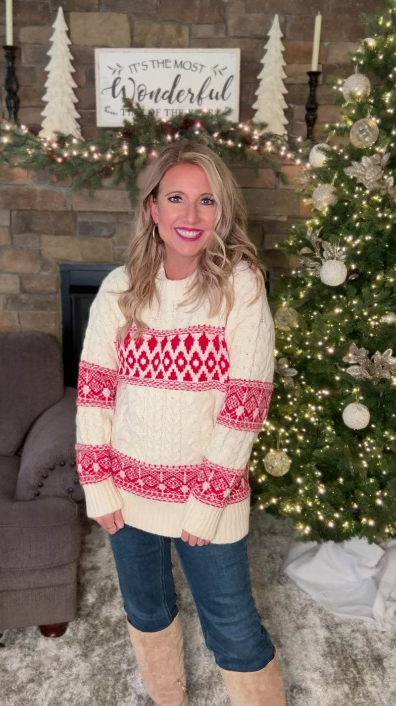 Holiday Celebrations Crew Neck Knitted Sweater : White/Red