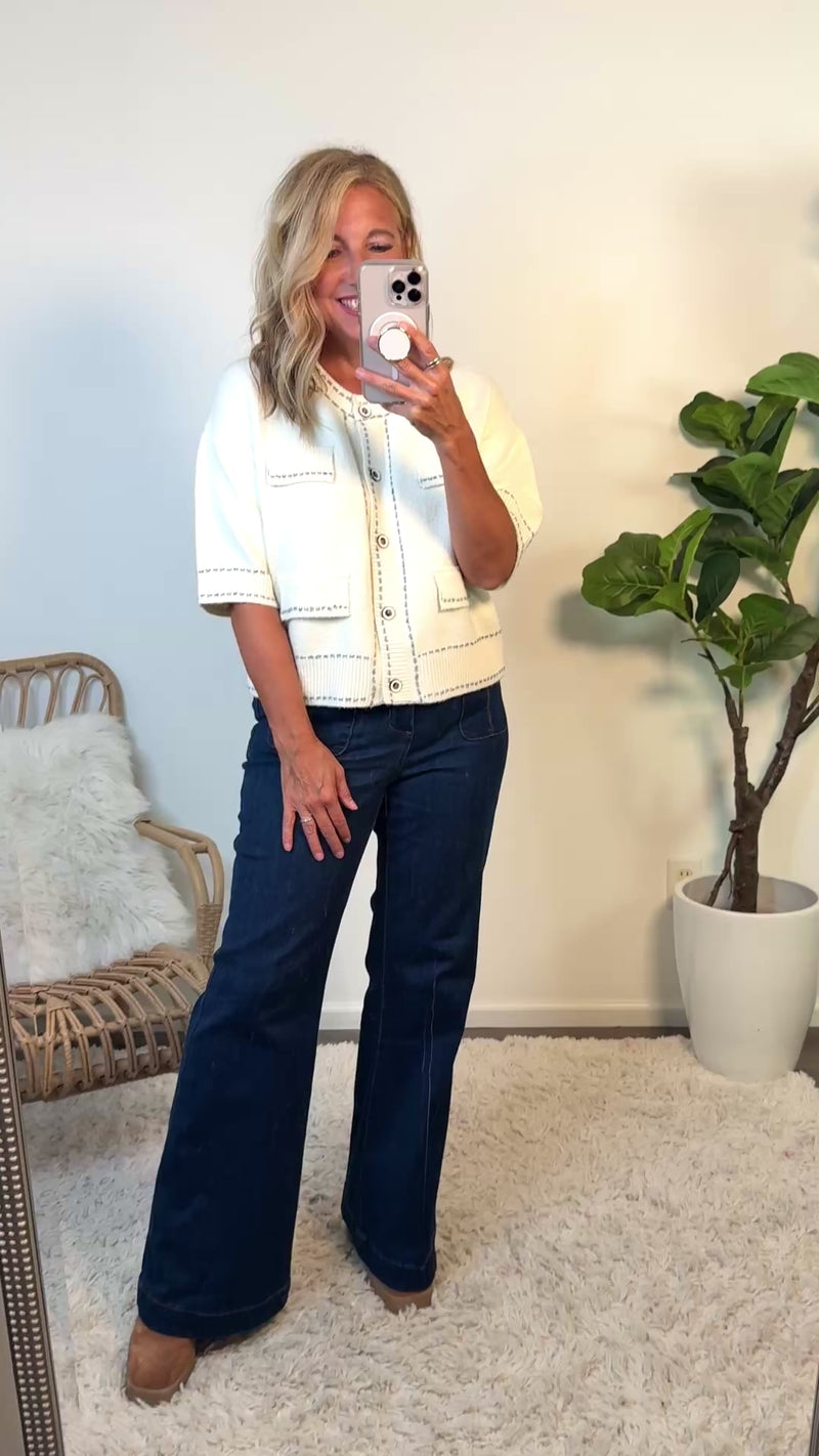 Haley Button Front Stitch Detail Sweater : Cream