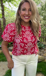 Lihue Printed Bubble Sleeve Top : Red