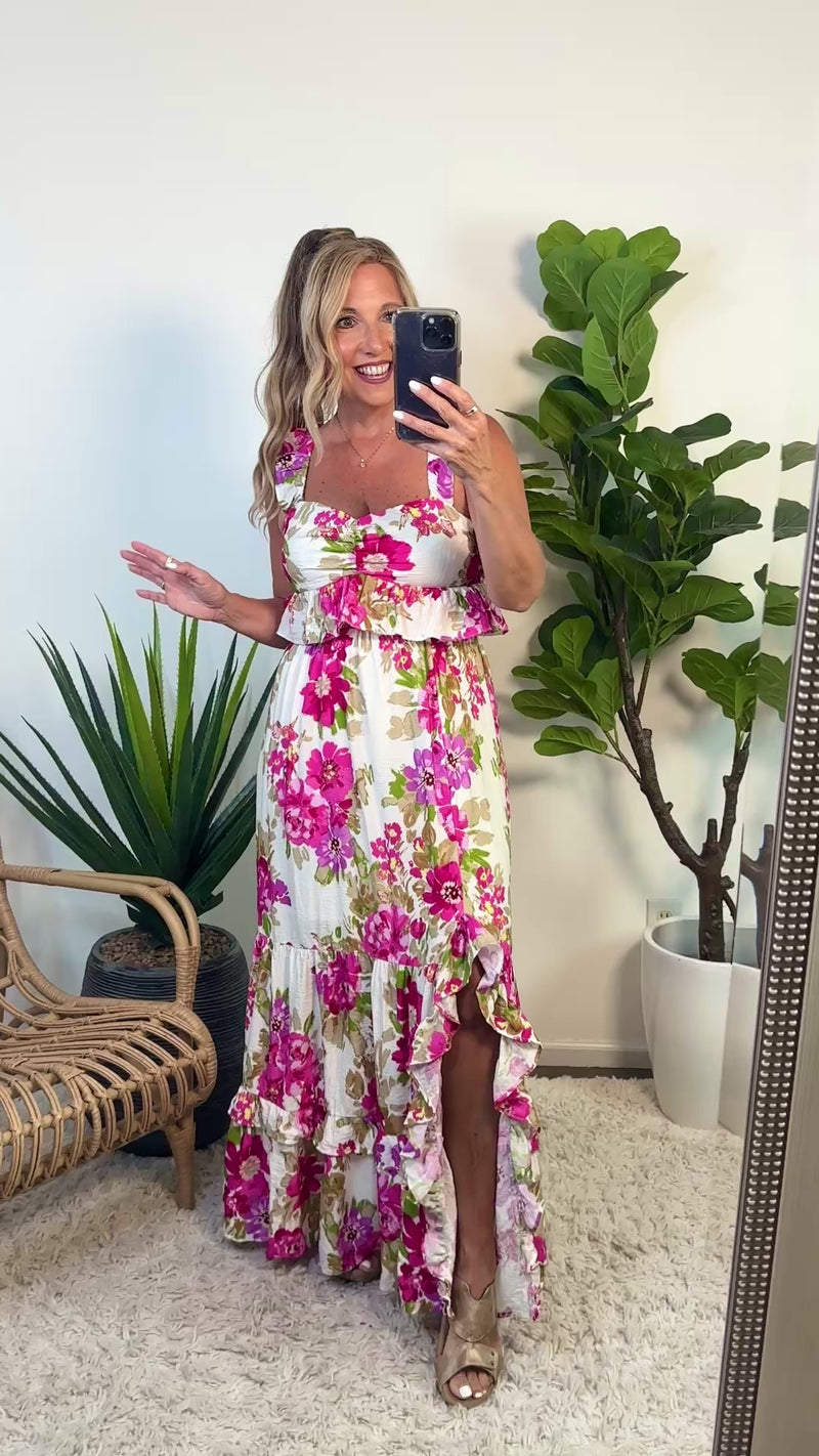 Tamara Floral Print Side Slit Maxi Dress : Cream
