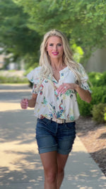 English Garden Linen Smocked Puff Sleeved Top : Natural Floral