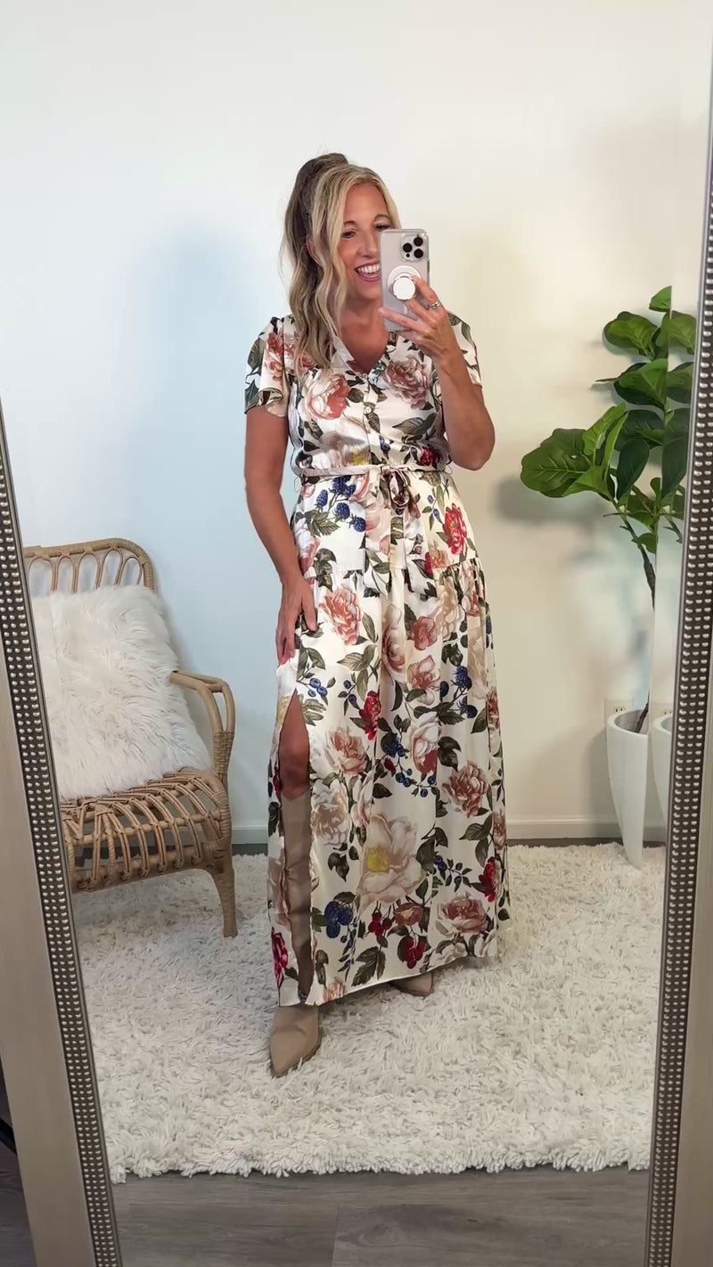 Ryin Floral Print Button Up Dress : Ivory