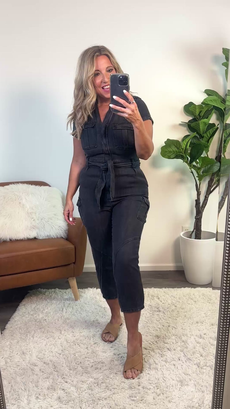 Gabrielle Velvet Heart Short Sleeve Jumpsuit : Black
