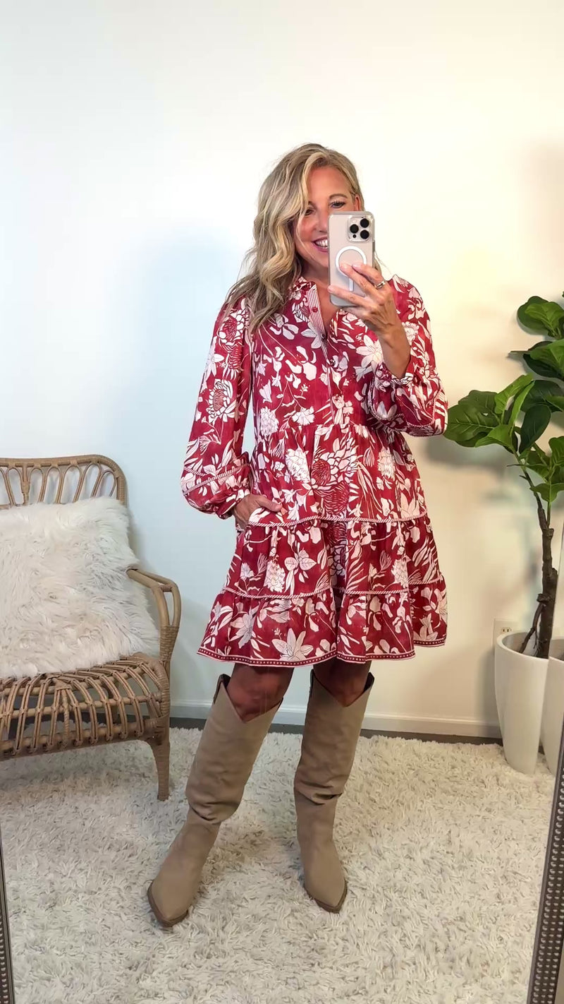 Katlynne Floral Print Tiered Dress : Brick