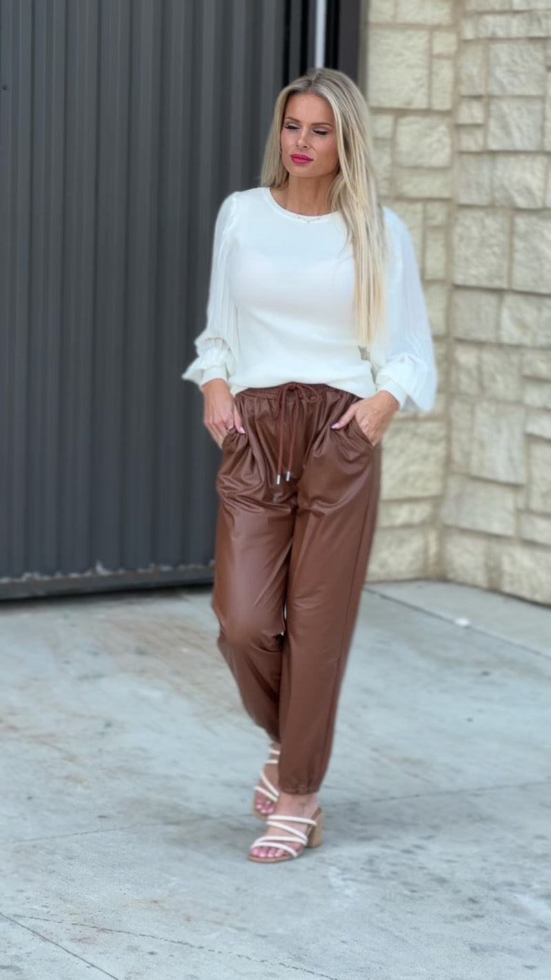 Feeling Brand New Pleather Joggers : Chocolate