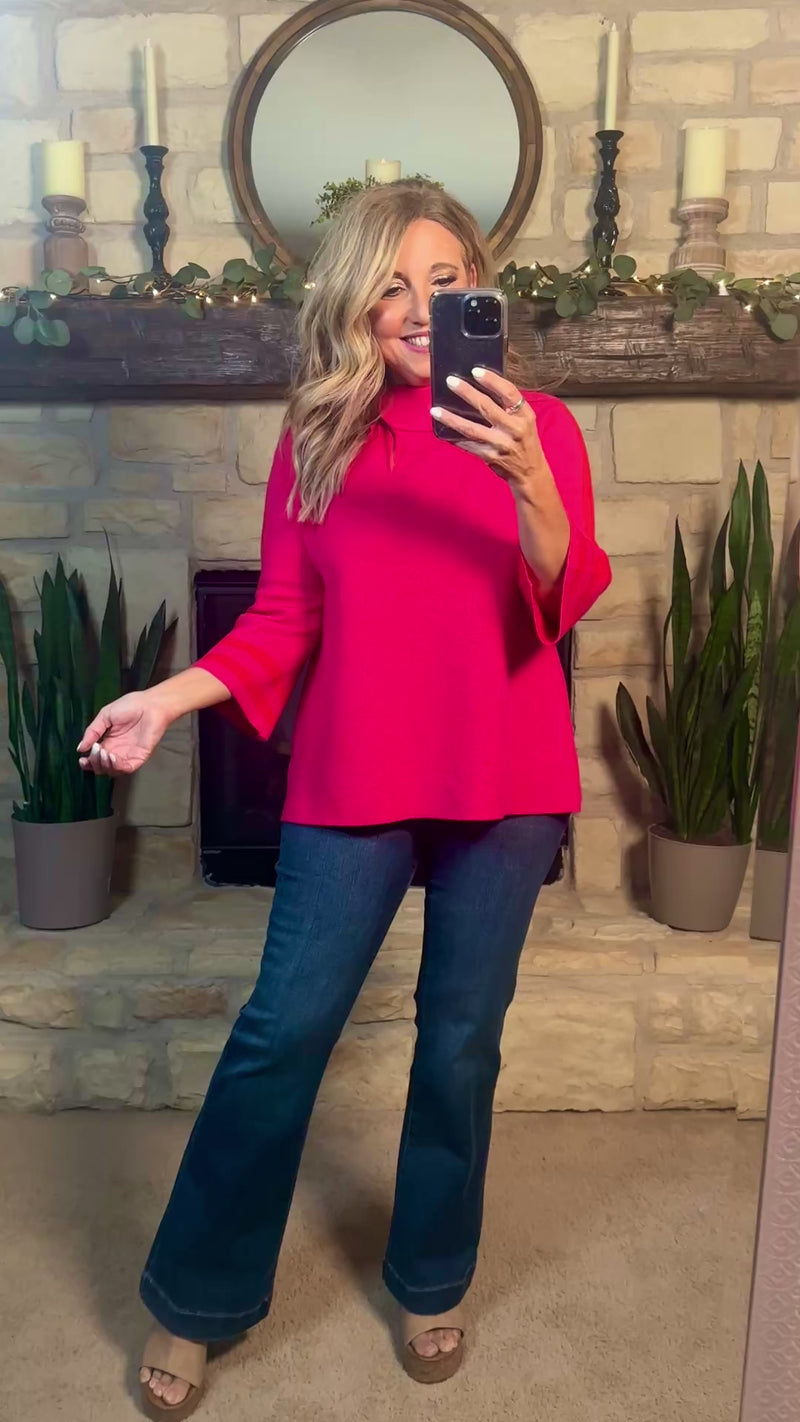 Astrid Striped Mock Neck Sweater : Fuchsia