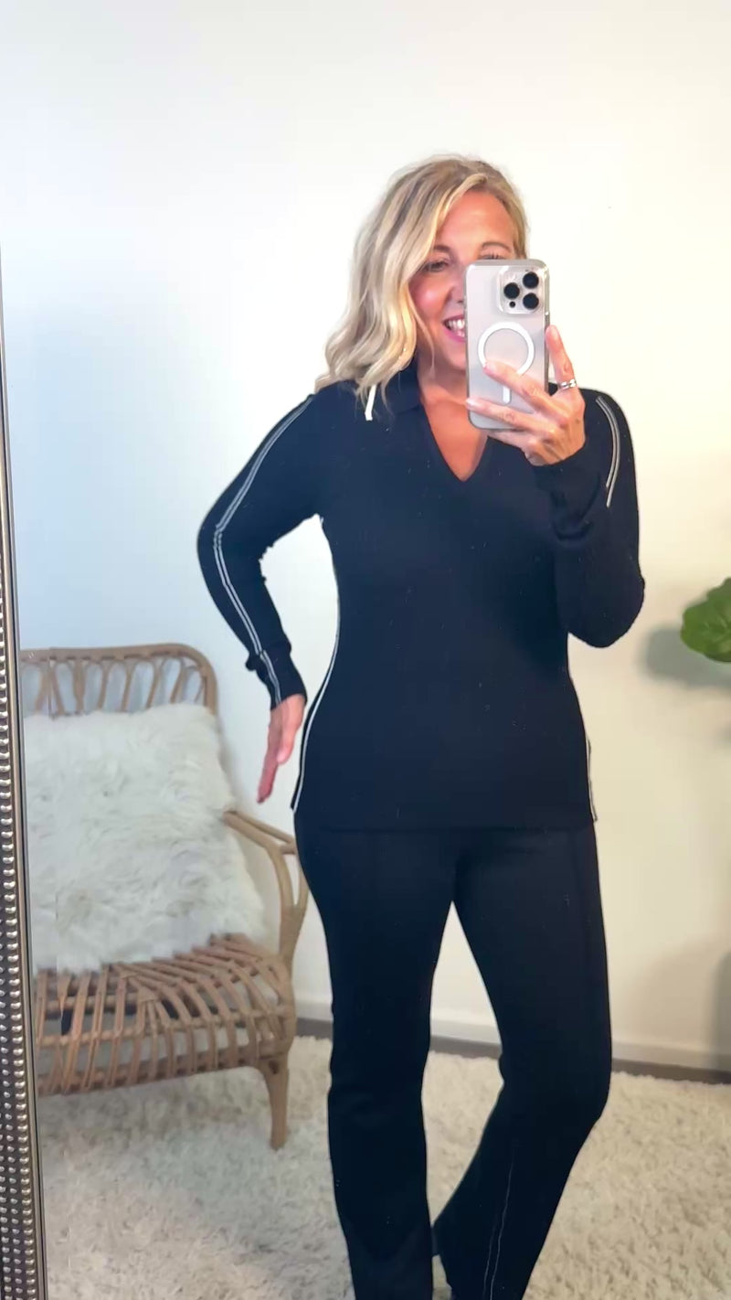 Liverpool Maxine V neck Collared Sweater : Black