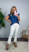 Adorable Days Ruffle Trim Button Down Top : Denim